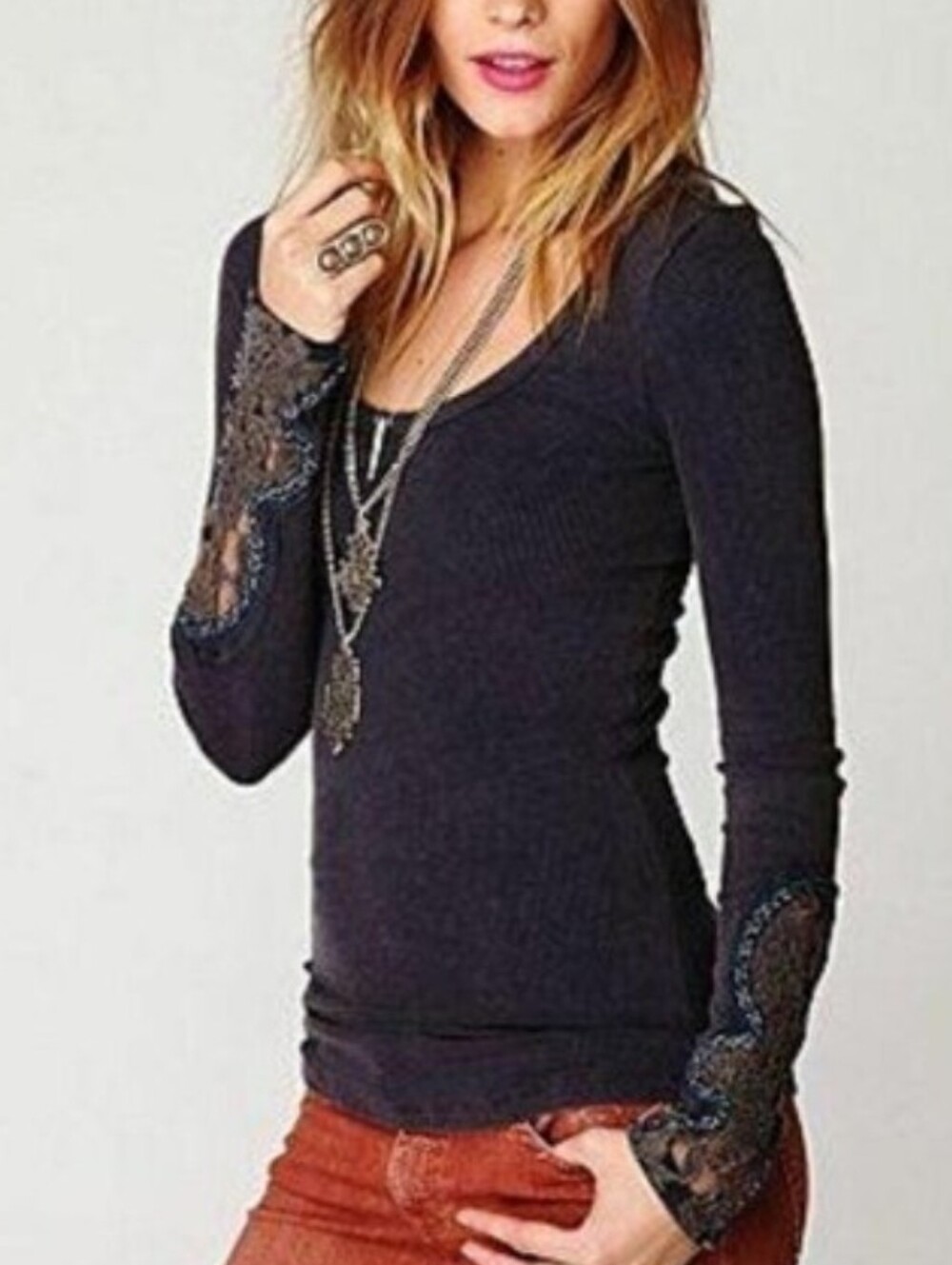Free People Navy Blue Long Sleeve Scoop Neck Top